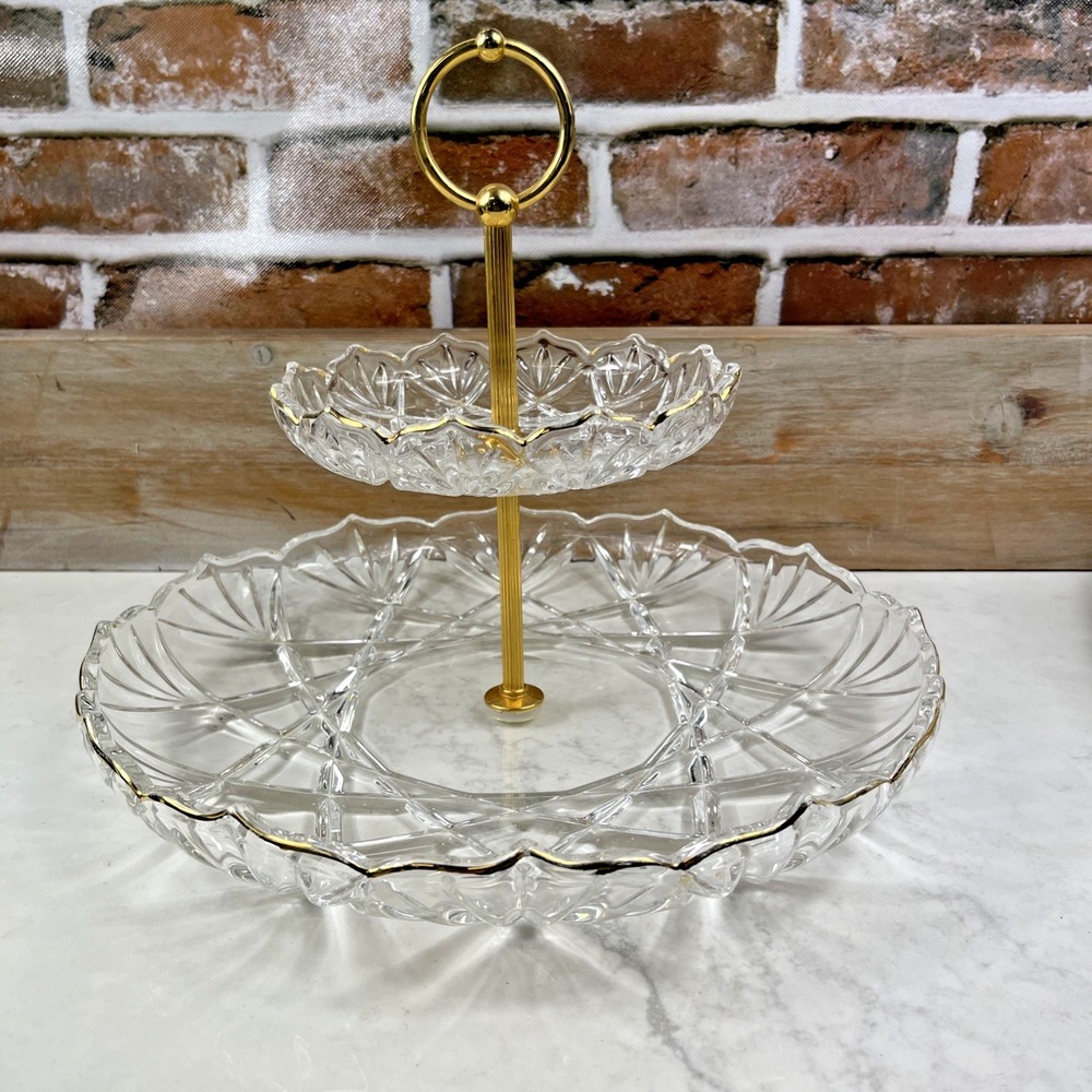 Beautiful Vintage Mikasa Crystal Roxborough Gold Rim 2-Tier Tidbit Server Tray.